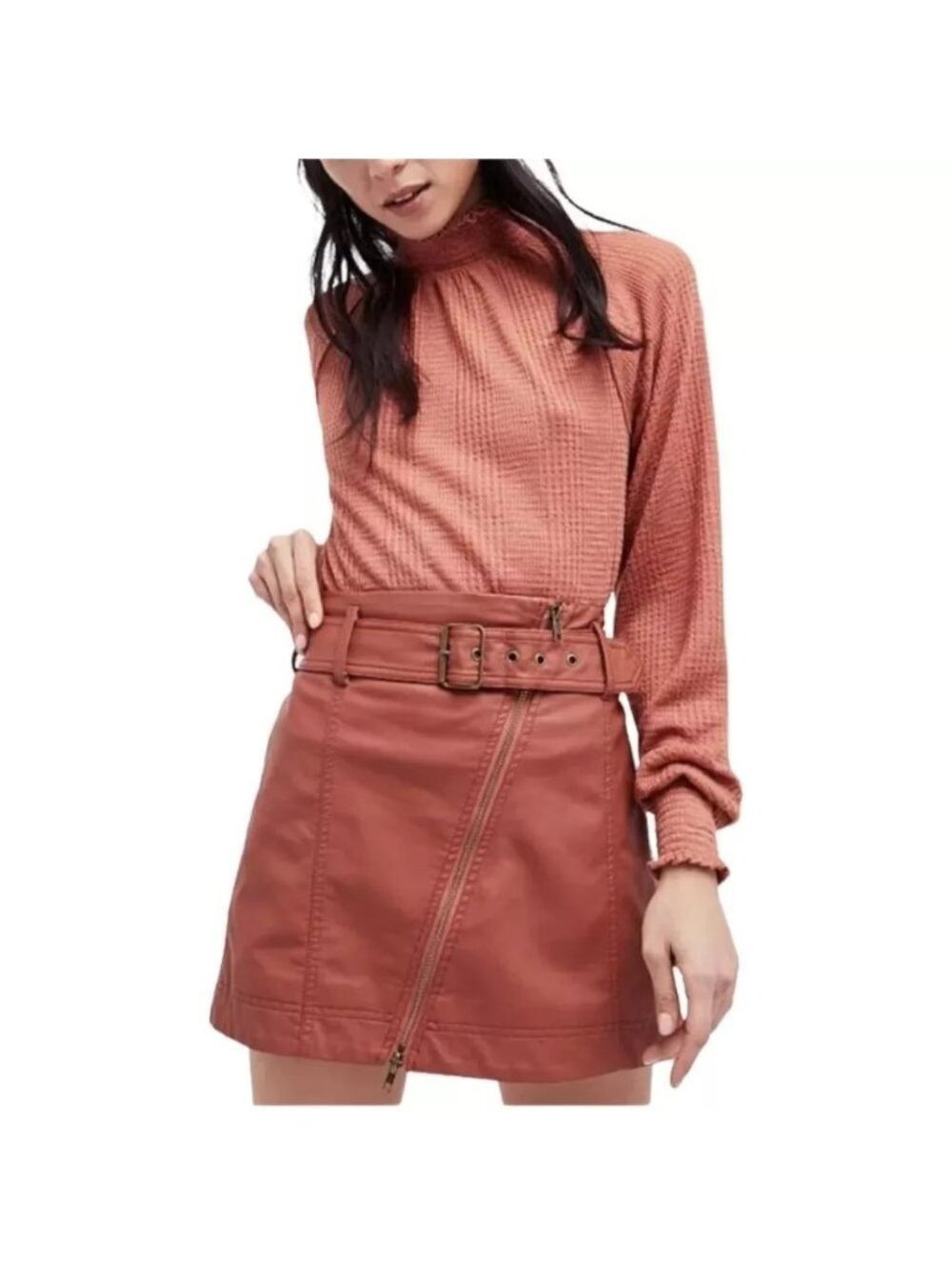 Free People Feelin’ Fresh Faux Leather Mini Skirt With Belt Size 0 Burnt Orange